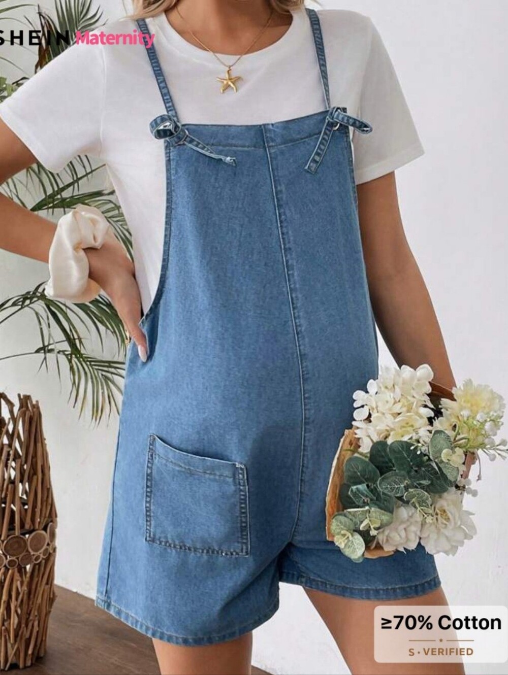 SHEIN Maternity Tie- Strap Pocket Simple Denim Shorts ROMPER/OVERALLS